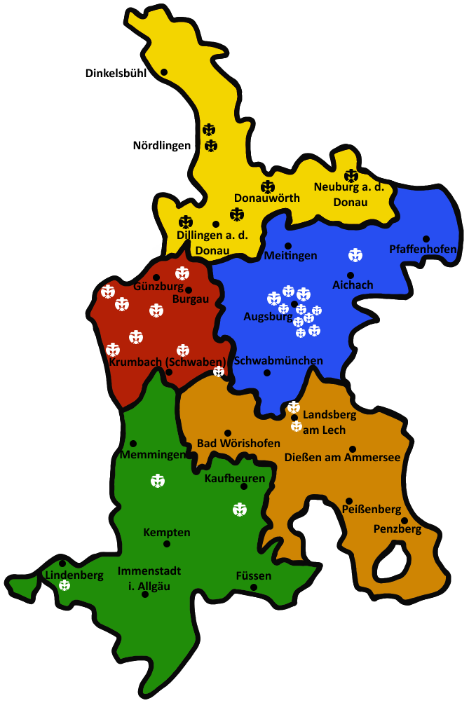 Map of the 5 districts of the diocese of Augsburg with marked tribes.